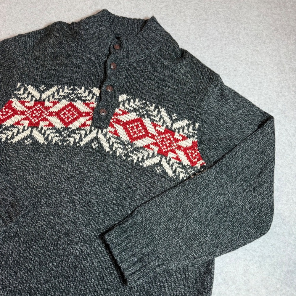 IZOD Sweater Men XL Gray Fair Isle Quarter Button Mock Neck Wool Blend